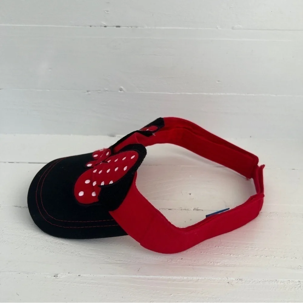 Disney Minnie Mouse Red Black White Hat Visor Hook And Loop Vacation Summer
